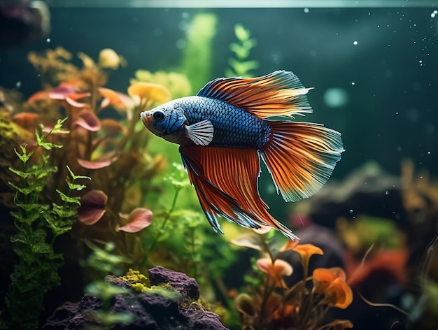 Betta Fish sull'acquario con piante e pietre