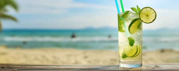 Bevanda a rum lungo Mojito con succo di lime di menta fresca sulla spiaggia Generative ai