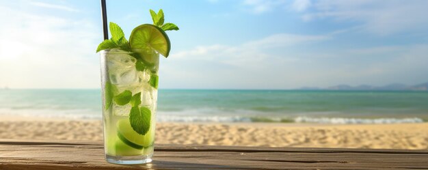 Bevanda a rum lungo Mojito con succo di lime di menta fresca sulla spiaggia Generative ai