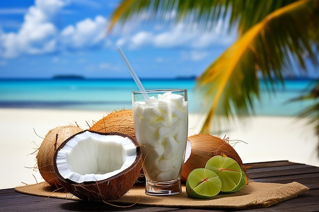 Bevanda al cocco e pranzo di mare fresco in spiaggia