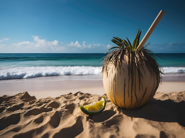 Bevanda al cocco su una bellissima spiaggia dell'oceano ai generativa