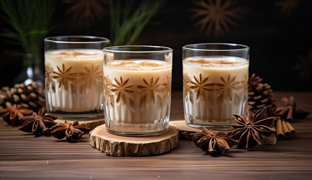 Bevanda al latte di Natale con spezie eggnog in bicchieri di bicchieri umore festivo generato dall'IA