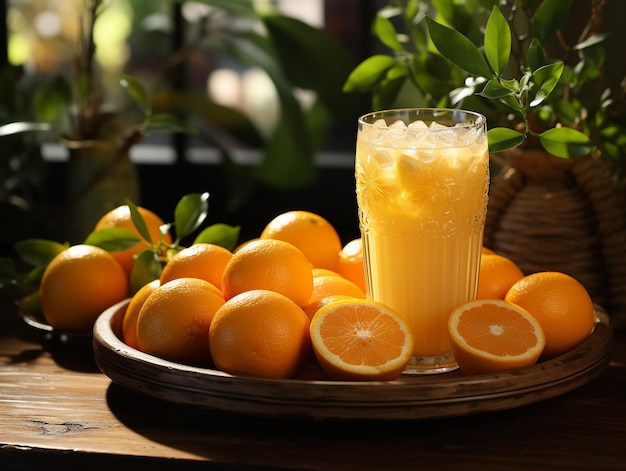 Bevanda al succo d'arancia su una foto di tavolo in legno