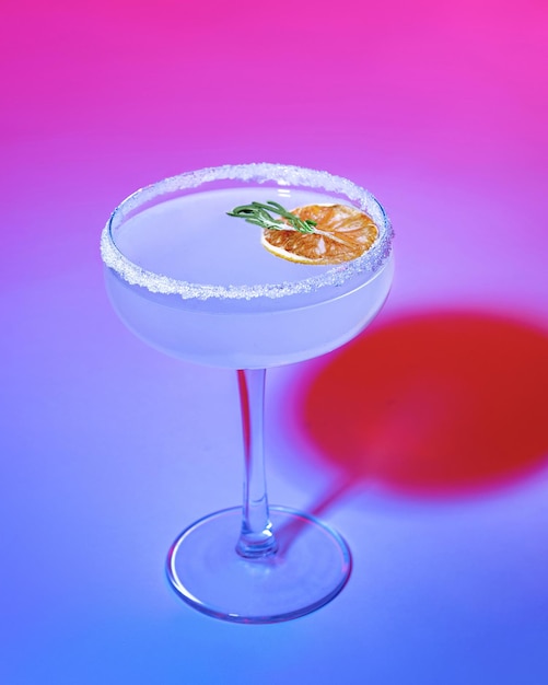 Bevanda alcolica con gin tonico e ghepardo essiccato al rosmarino su sfondo blu rosa neon