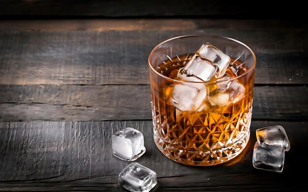 Bevanda alcolica forte di brandy whiskey in un bicchiere con cubetti di ghiaccio su uno sfondo di legno scuro vista superiore spazio di copia