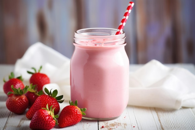 Bevanda allo yogurt alla fragola in una bottiglia con una cannuccia che esce