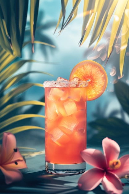 Bevanda arancione di freschezza tropicale in bicchiere alto su sfondo blu generativo ai