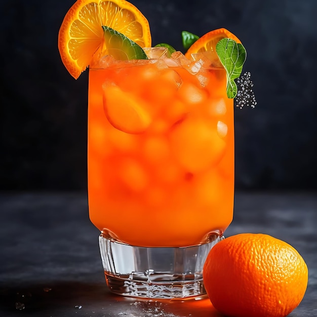 Bevanda arancione luminosa con un rinfresco di agrumi vivaci al lime