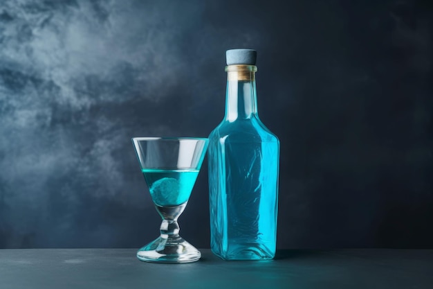 Bevanda blu con bottiglia da cocktail Bevanda liquore Genera AI