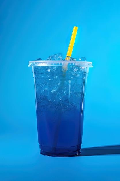 Bevanda blu in un bicchiere di plastica isolato su sfondo blu Concetto di bevande da asporto