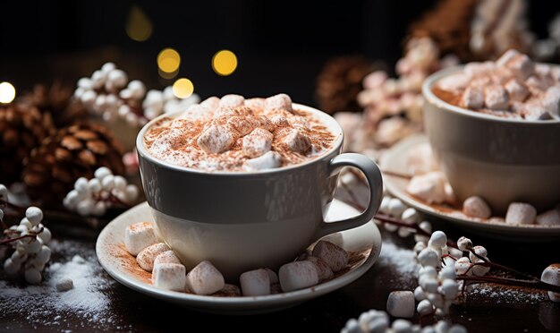 Bevanda calda d'inverno cioccolato con panna montata in tazza bianca marshmallows tempo di Natale casa accogliente