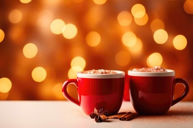 Bevanda di cacao caldo in due tazze rosse bokeh