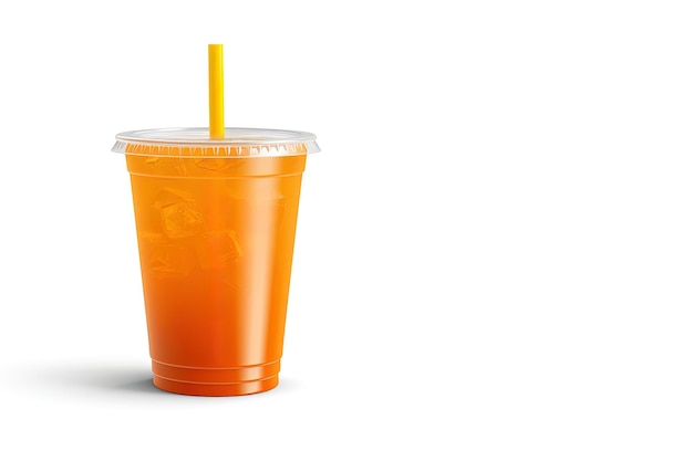 Bevanda di colore arancione in un bicchiere di plastica isolato su uno sfondo bianco Concetto di bevande da asporto