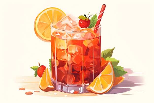 Bevanda di limonata di fragole con frutta e cubetti di ghiaccio fette di arance di paglia illustrazione ad acquerello di cibo dessert menu immagine e design delle vacanze estive