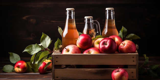 Bevanda di sidro di mela o bevanda di frutta fermentata Bottiglie con bicchieri di sidro e mele biologiche in una scatola di legno con spazio per le copie Concetto di alimentazione e stile di vita sano Prodotto Apple