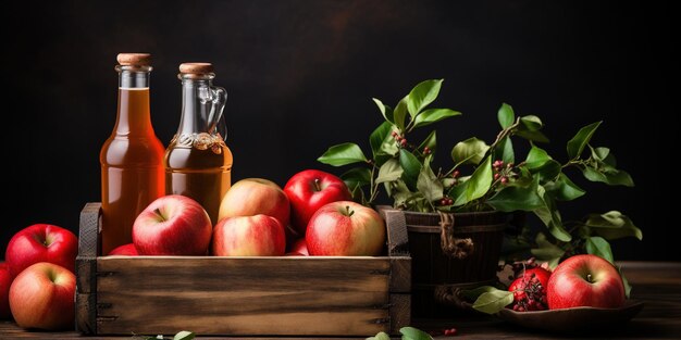 Bevanda di sidro di mela o bevanda di frutta fermentata Bottiglie con bicchieri di sidro e mele biologiche in una scatola di legno con spazio per le copie Concetto di alimentazione e stile di vita sano Prodotto Apple