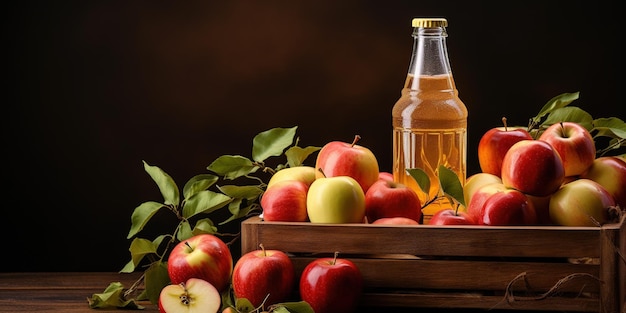 Bevanda di sidro di mela o bevanda di frutta fermentata Bottiglie con bicchieri di sidro e mele biologiche in una scatola di legno con spazio per le copie Concetto di alimentazione e stile di vita sano Prodotto Apple