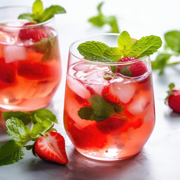 Bevanda estiva rinfrescante con ghiaccio di fragola e foglie di menta in bicchieri sullo sfondo di marmo