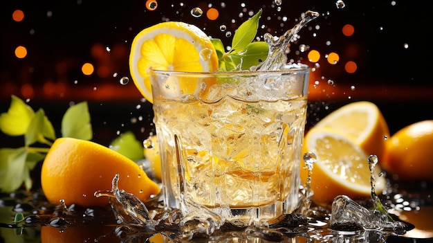 Bevanda ghiacciata al limone con splash di limone sullo sfondo di una fetta di agrumi succosa