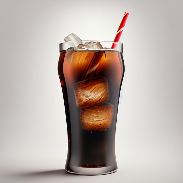 Bevanda ghiacciata di cola in una tazza di vetro Pezzi di ghiaccio