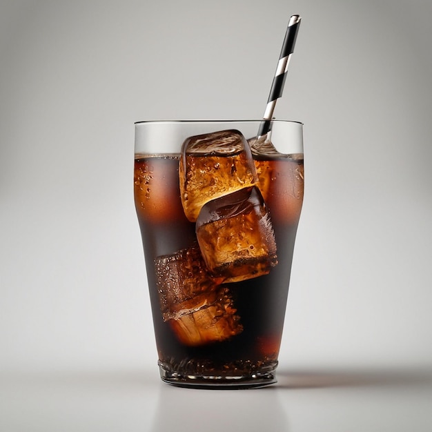 Bevanda ghiacciata di cola in una tazza di vetro Pezzi di ghiaccio