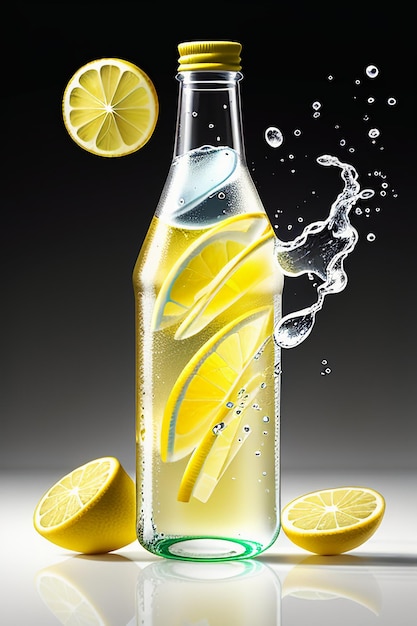 Bevanda ghiacciata di succo di limone in una tazza di vetro che pubblicizza la carta da parati dal design con effetti speciali e schizzi di gocce d'acqua