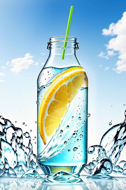 Bevanda ghiacciata di succo di limone in una tazza di vetro che pubblicizza la carta da parati dal design con effetti speciali e schizzi di gocce d'acqua