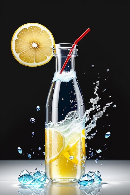 Bevanda ghiacciata di succo di limone in una tazza di vetro che pubblicizza la carta da parati dal design con effetti speciali e schizzi di gocce d'acqua