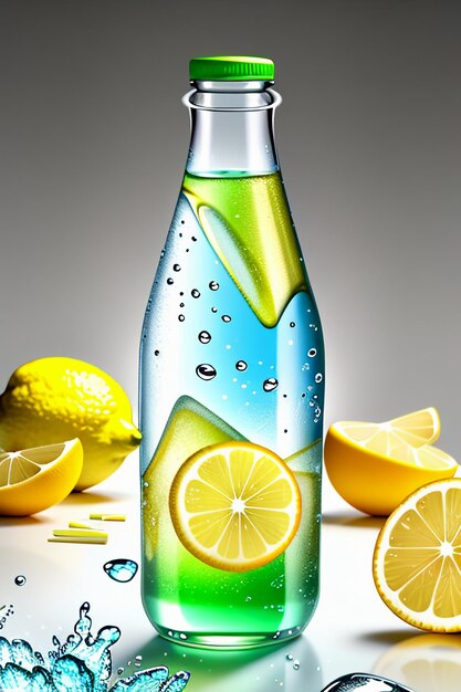 Bevanda ghiacciata di succo di limone in una tazza di vetro che pubblicizza la carta da parati dal design con effetti speciali e schizzi di gocce d'acqua