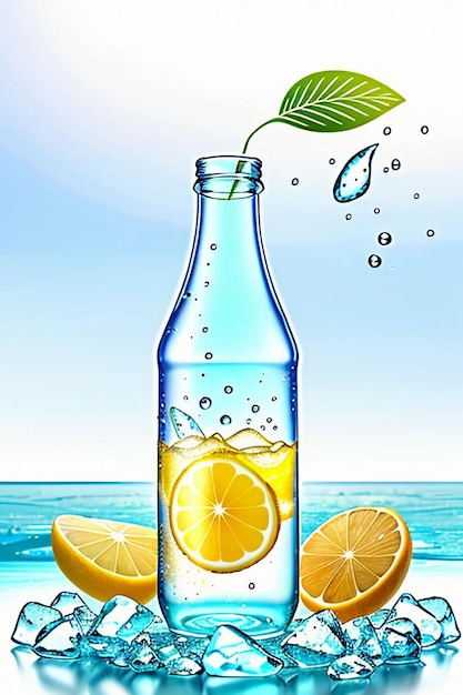 Bevanda ghiacciata di succo di limone in una tazza di vetro che pubblicizza la carta da parati dal design con effetti speciali e schizzi di gocce d'acqua