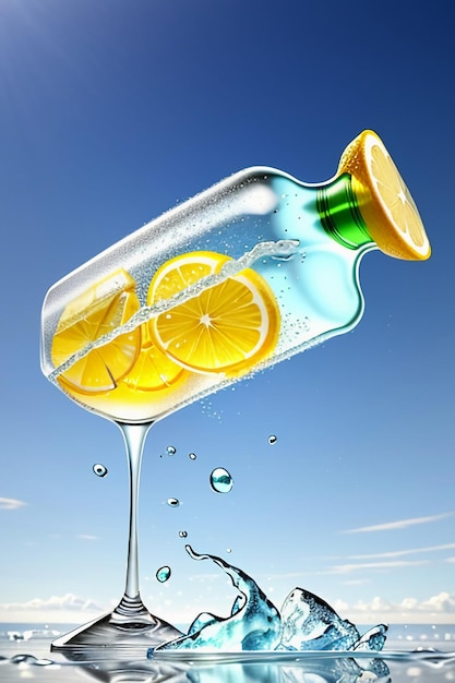 Bevanda ghiacciata di succo di limone in una tazza di vetro che pubblicizza la carta da parati dal design con effetti speciali e schizzi di gocce d'acqua