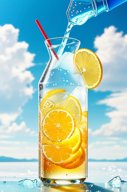 Bevanda ghiacciata di succo di limone in una tazza di vetro che pubblicizza la carta da parati dal design con effetti speciali e schizzi di gocce d'acqua