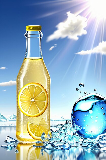 Bevanda ghiacciata di succo di limone in una tazza di vetro che pubblicizza la carta da parati dal design con effetti speciali e schizzi di gocce d'acqua