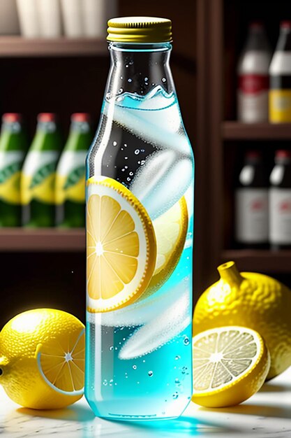 Bevanda ghiacciata di succo di limone in una tazza di vetro che pubblicizza la carta da parati dal design con effetti speciali e schizzi di gocce d'acqua