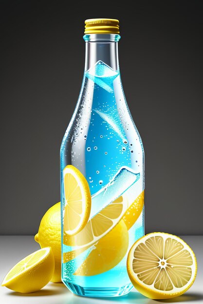 Bevanda ghiacciata di succo di limone in una tazza di vetro che pubblicizza la carta da parati dal design con effetti speciali e schizzi di gocce d'acqua