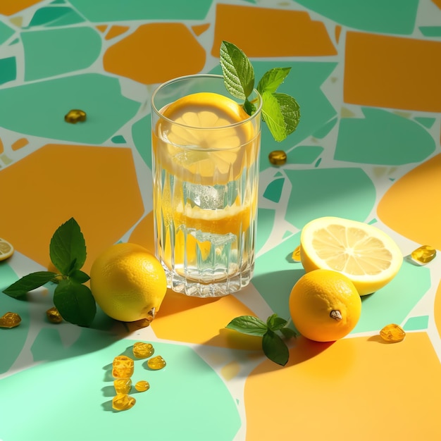 Bevanda limonata in vetro con foglia di menta in tavola colorata ai generata