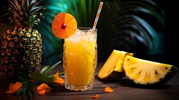 Bevanda rinfrescante di ananas e ananas fresco sulla tavola Immagine Stock per Tropical B