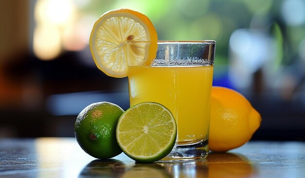 Bevanda rinfrescante di succo di limone e lime in un bicchiere sul bancone