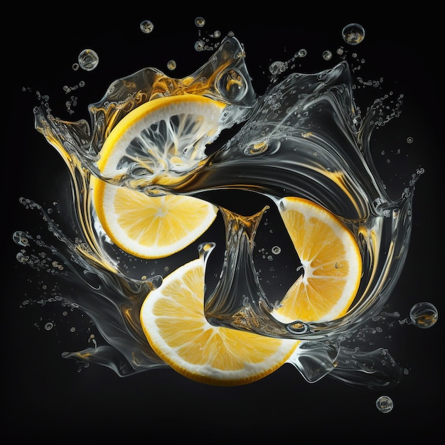 Bevanda rinfrescante disintossicante ai limoni Fette di limone e spruzzi d'acqua AI generativa