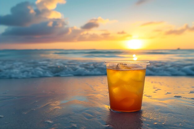 Bevanda rinfrescante sulla spiaggia con il cielo azzurro