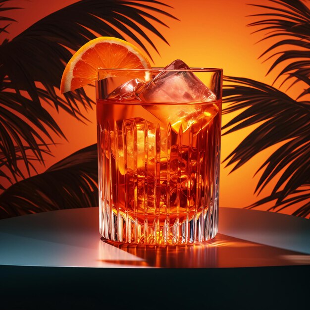 Bevanda tropicale con ghiaccio e fetta d'arancia su sfondo gradiente generato dall'AI