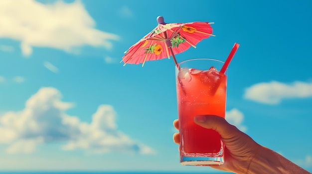 Bevanda tropicale rinfrescante in mano contro un cielo blu Concetto di vacanza estiva con Copy Space Cocktail con Umbrella Decoration AI