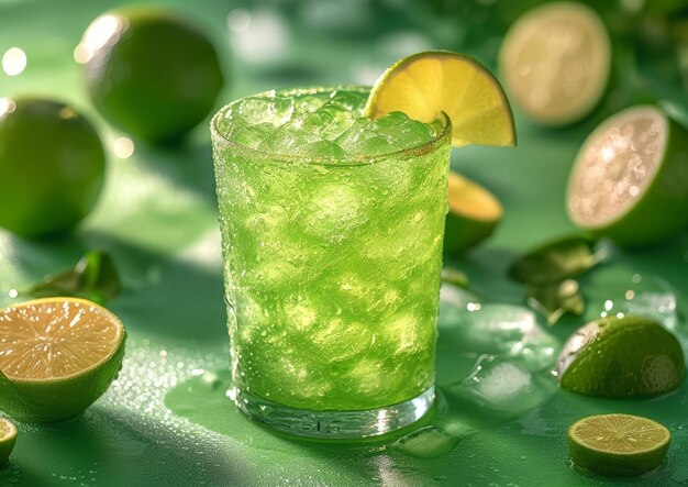 Bevanda verde rinfrescante con lime e fette di lime