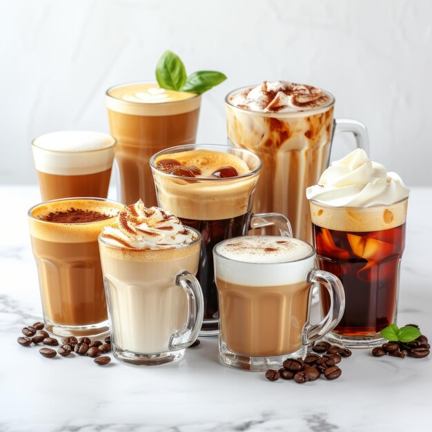 Bevande al caffè freddo e caldo con latte e crema