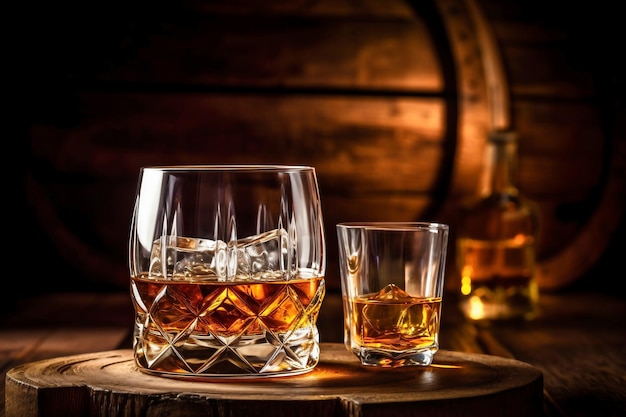 Bevande al whisky Devi bere whisky con ghiaccio, quindi il whisky ha un sapore migliore di una botte di rovere Bevanda alcolica con whisky ghiacciato o cognac closeup sullo sfondo di una botte di rovere per l'invecchiamento