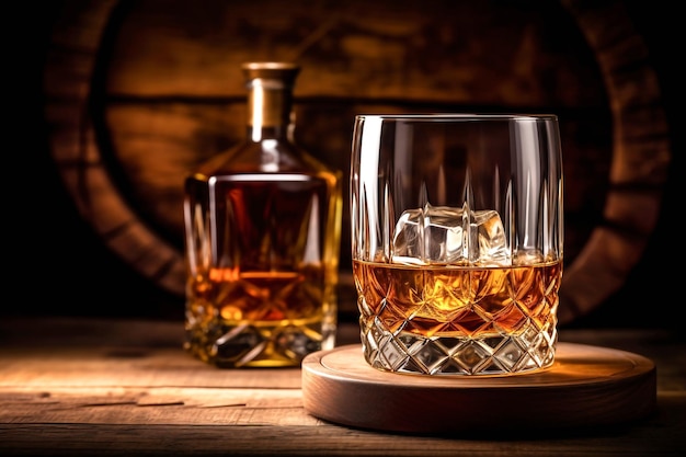 Bevande al whisky Devi bere whisky con ghiaccio, quindi il whisky ha un sapore migliore di una botte di rovere Bevanda alcolica con whisky ghiacciato o cognac closeup sullo sfondo di una botte di rovere per l'invecchiamento