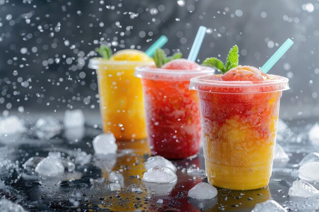 Bevande di frutta congelate con coperchi e cannucce sul ghiaccio