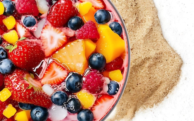 Bevande di frutta estive con sabbia isolata su sfondo bianco