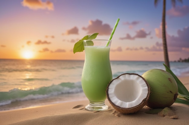 Bevande esotiche estive spiaggia sabbiosa sfocata sullo sfondo