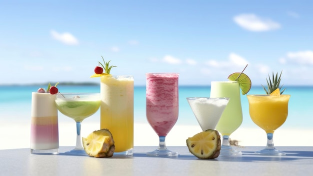 Bevande esotiche estive sulla spiaggia sabbiosa sullo sfondo tropicale